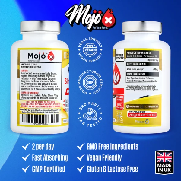 MOJO Slim ACV Apple Cider Vinegar with Mother Digestive Enzyme Gut Health Tablets Pills Supplements