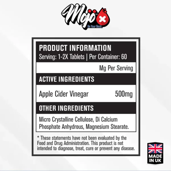 MOJO Slim ACV Apple Cider Vinegar with Mother Digestive Enzyme Gut Health Tablets Pills Supplements Ingredients