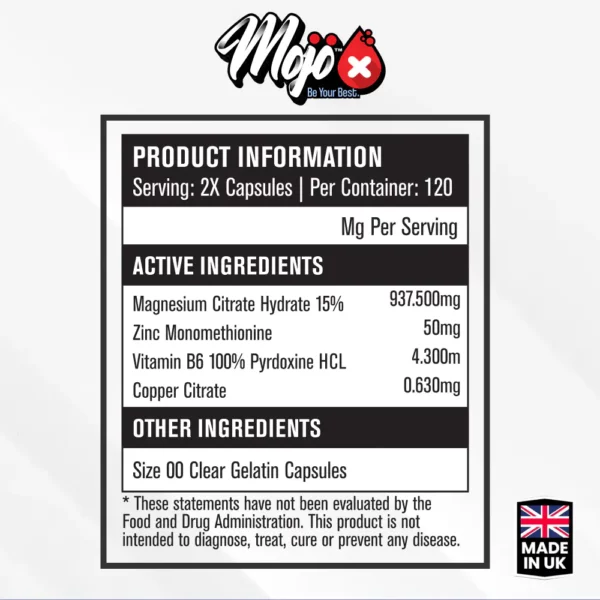 MOJO ZMA Zinc Magnesium for Sleep B6 ZMAG Sleep Aid Natural Testo Booster Supplement Ingredients